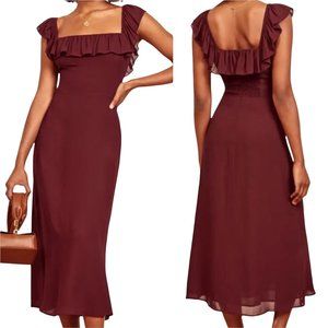Reformation Burgundy Ruffle-Trim Midi Dress